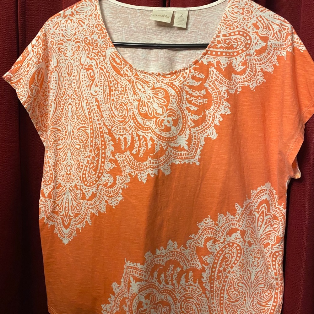 Chicos-Orange/ Cream Shirt, Size:‎ 2